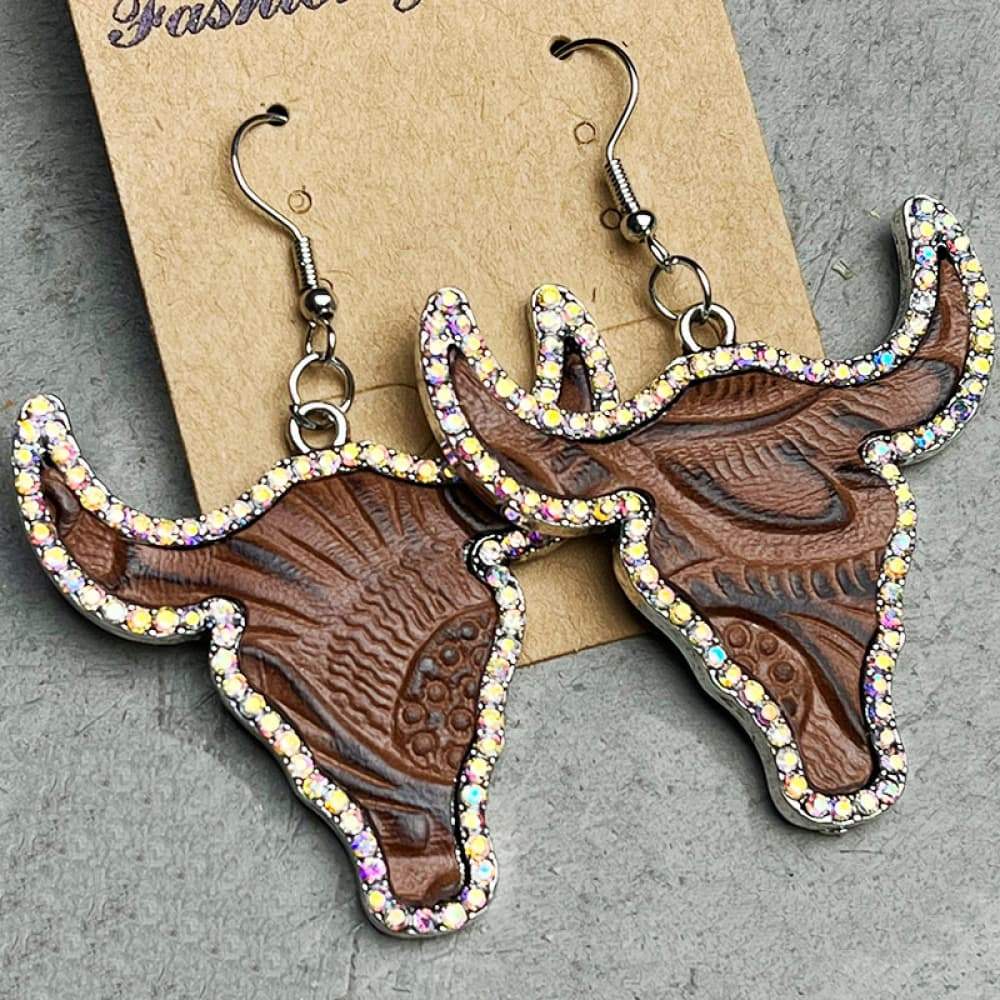 Rhinestone Trim Alloy Bull Earrings Burnt Umber One Size Earrings - Tophatter Daily Deals