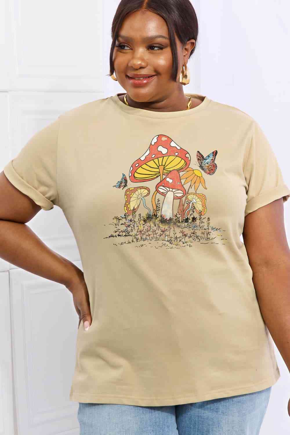 Simply Love Full Size Mushroom & Butterfly Graphic Cotton T-Shirt Women's T-Shirts - Tophatter Daily Deals