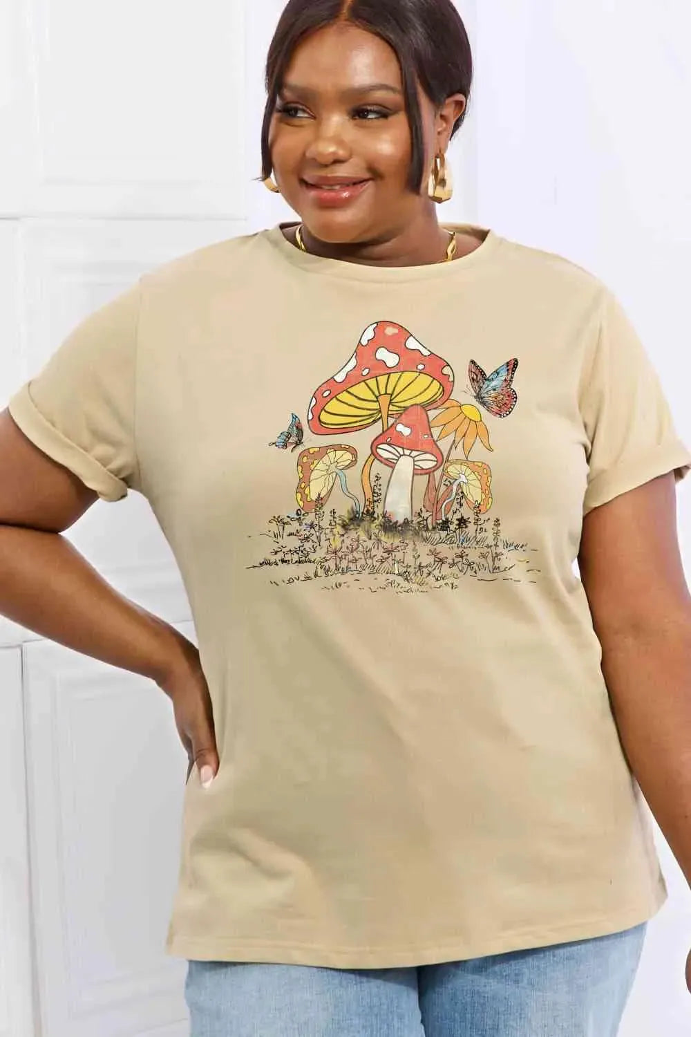 Simply Love Full Size Mushroom & Butterfly Graphic Cotton T-Shirt Women's T-Shirts - Tophatter Daily Deals