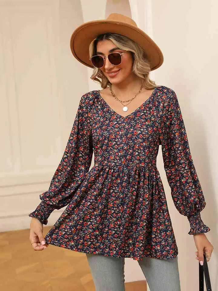 Printed V-Neck Lantern Sleeve Blouse Blouses - Tophatter Daily Deals