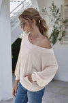 Boat Neck Waffle-Knit Lantern Sleeve Blouse with Pocket Blouses - Tophatter Daily Deals