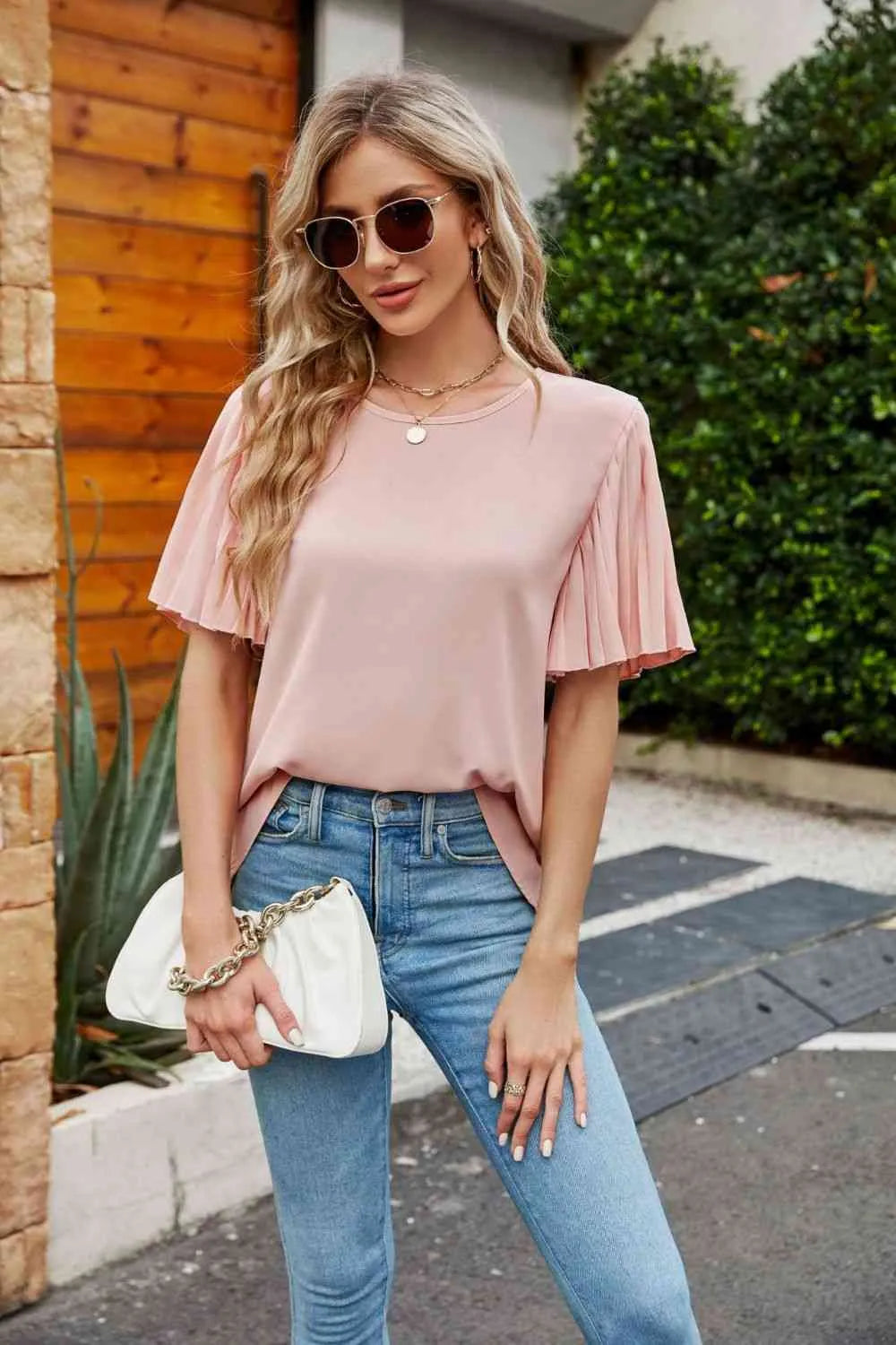 Pleated Flutter Sleeve Round Neck Blouse Blush Pink Blouses - Tophatter Daily Deals