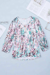 Printed Round Neck Balloon Sleeve Blouse Blouses - Tophatter Daily Deals