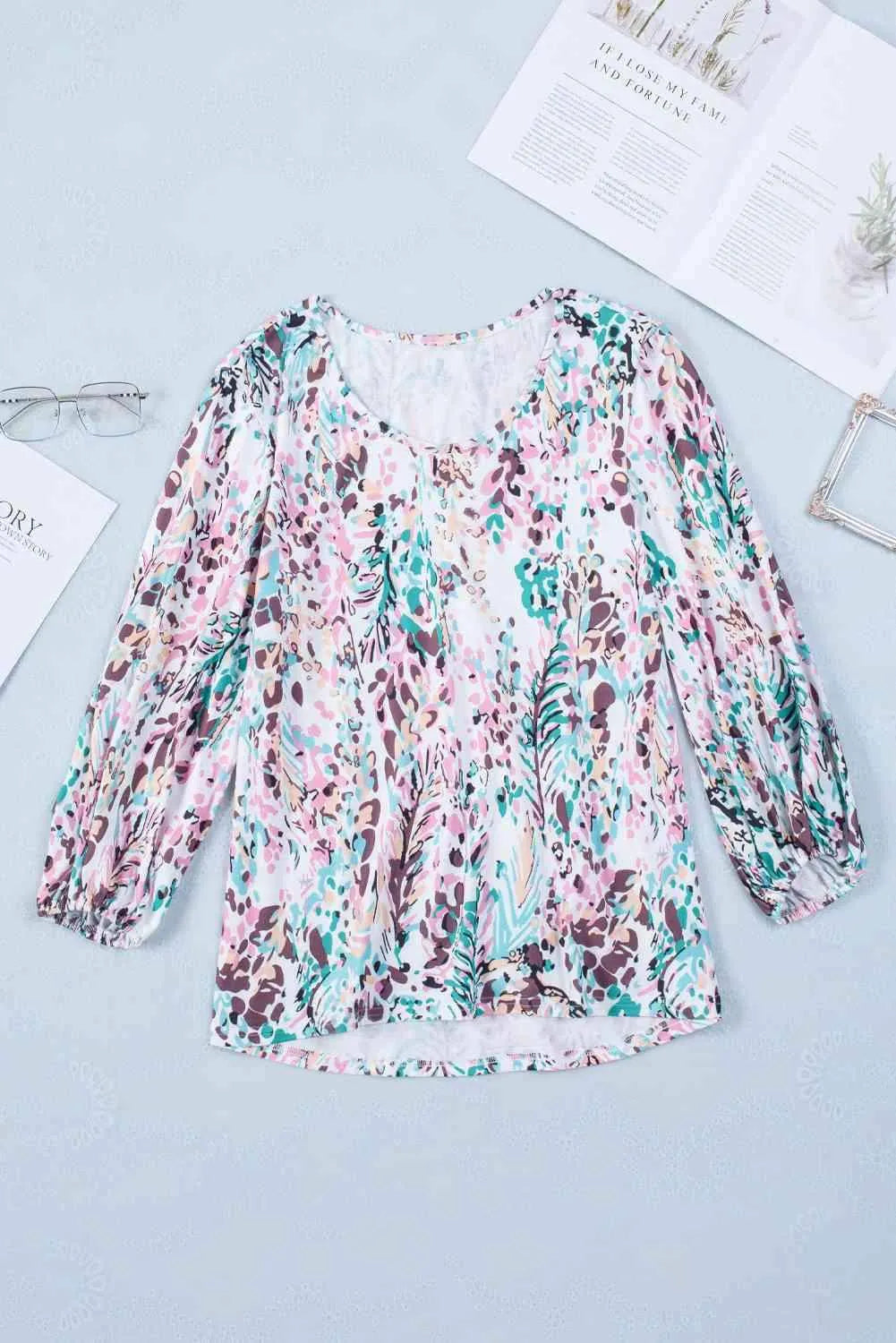 Printed Round Neck Balloon Sleeve Blouse Blouses - Tophatter Daily Deals