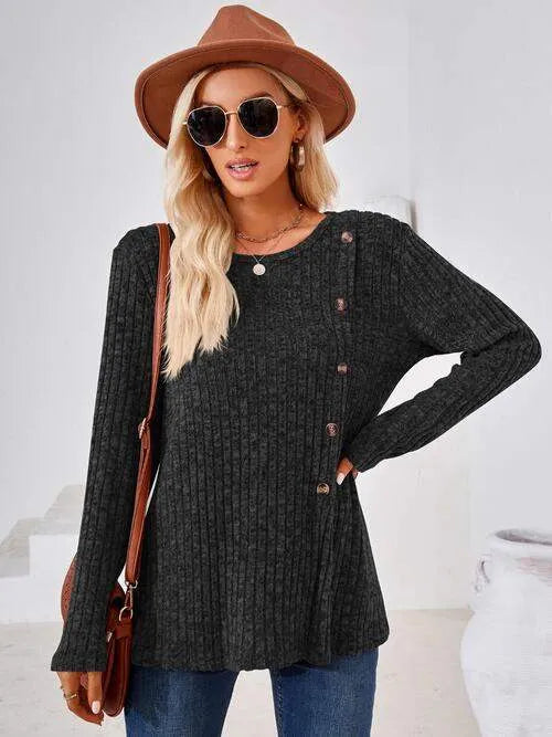 Ribbed Buttoned Round Neck Slit T-Shirt Women's T-Shirts - Tophatter Daily Deals