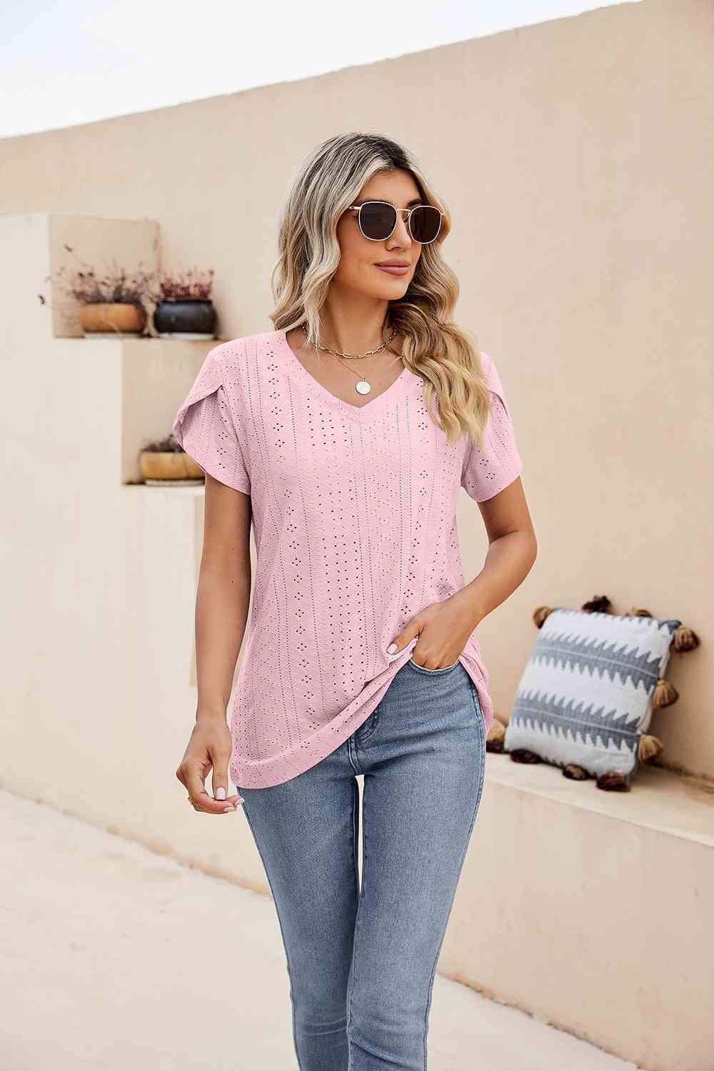 Eyelet Petal Sleeve V-Neck Knit Top Blush Pink Blouses - Tophatter Daily Deals