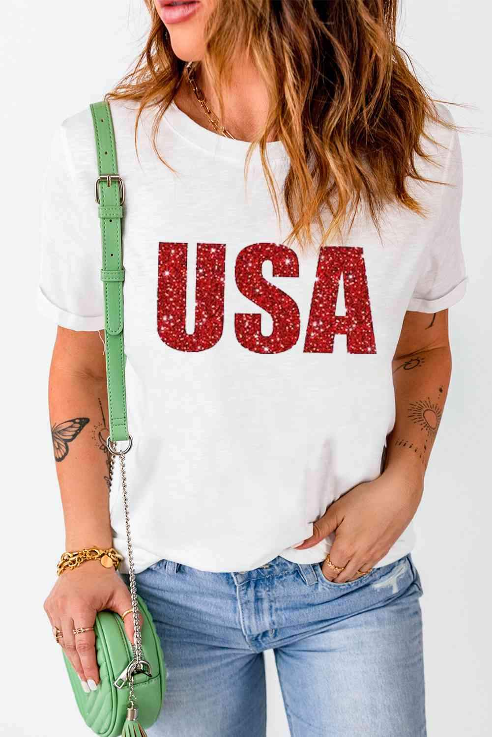 USA Graphic Round Neck Tee Women's T-Shirts - Tophatter Daily Deals