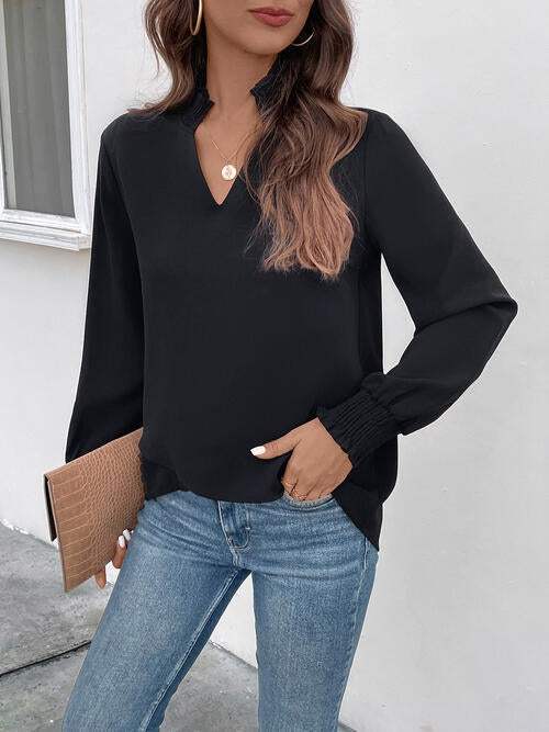 Smocked Notched Long Sleeve Blouse Blouses - Tophatter Daily Deals