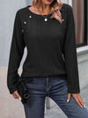 Ribbed Buttoned Round Neck Long Sleeve T-Shirt Women's T-Shirts - Tophatter Daily Deals