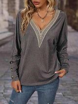 Contrast V-Neck Long Sleeve Top Blouses - Tophatter Daily Deals