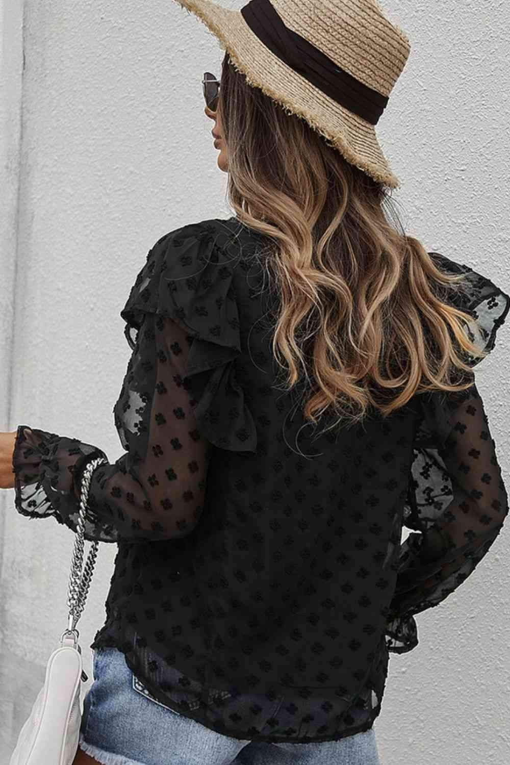 Swiss Dot Ruffle Shoulder Long Sleeve Blouse Blouses - Tophatter Daily Deals