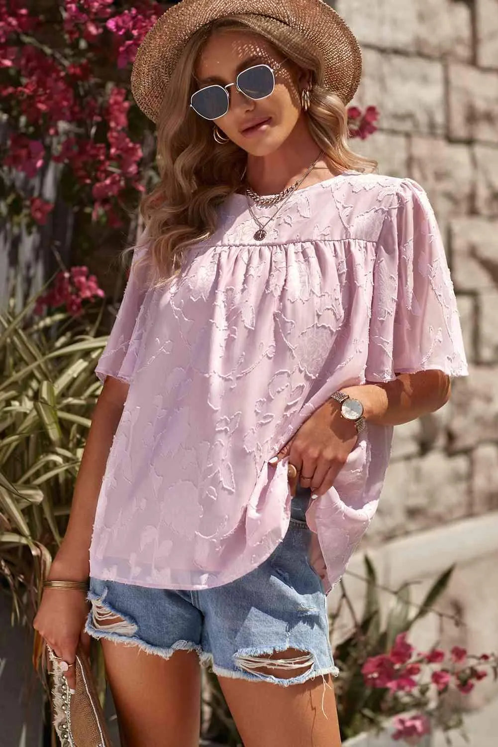 Round Neck Puff Sleeve Blouse Purple Blouses - Tophatter Daily Deals