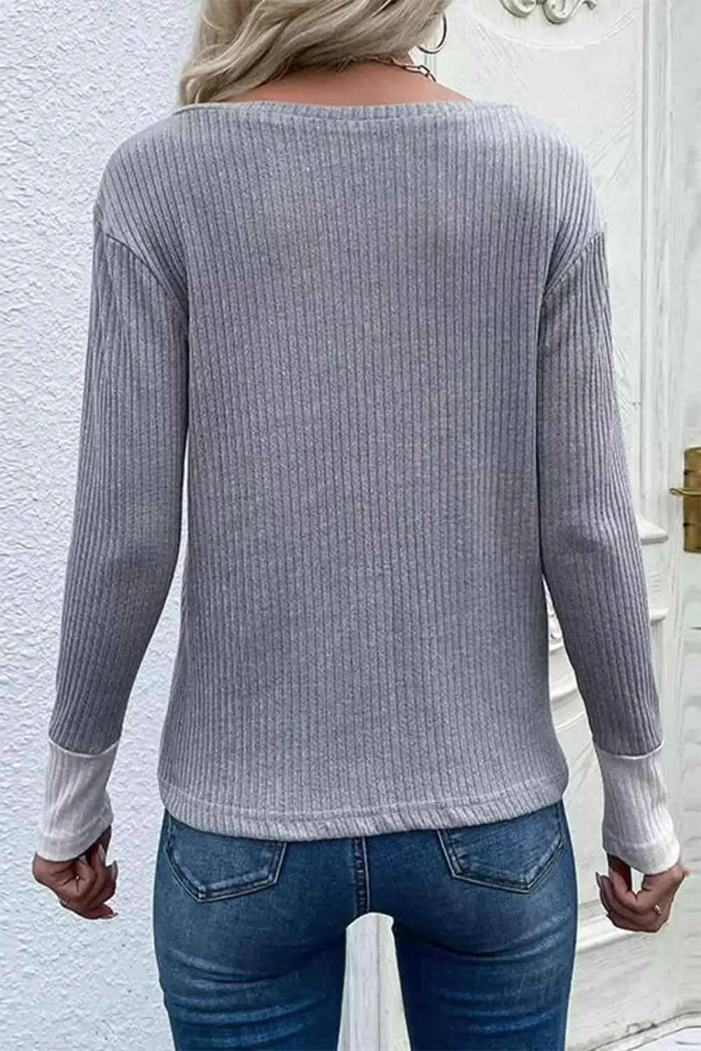 Color Block V-Neck Ribbed Top with Pocket Blouses - Tophatter Daily Deals