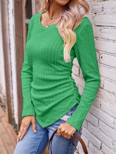 Textured Ruched V-Neck Long Sleeve T-Shirt Women's T-Shirts - Tophatter Daily Deals