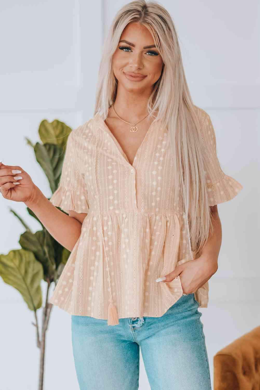 Embroidered Tassel Flounce Sleeve Babydoll Blouse Light Apricot Blouses - Tophatter Daily Deals