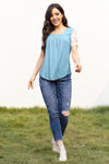 Square Neck Lace Short Sleeve T-Shirt Sky Blue Women's T-Shirts - Tophatter Daily Deals