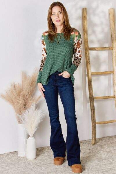 Hailey & Co Full Size Waffle-Knit Leopard Blouse Blouses - Tophatter Daily Deals