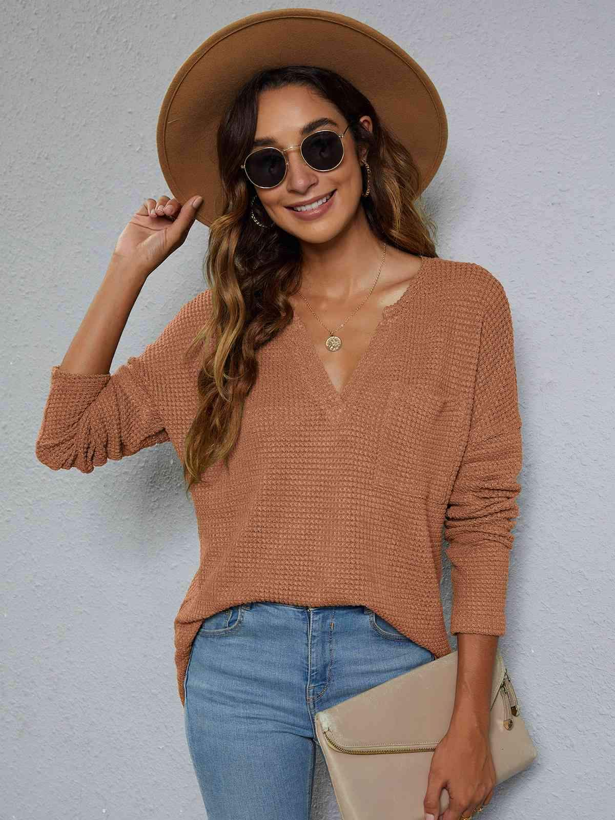 Dropped Shoulder High-Low Waffle-Knit Top Camel Blouses - Tophatter Daily Deals