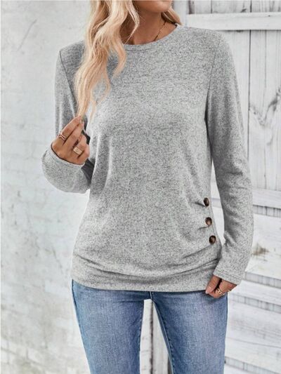 Round Neck Long Sleeve T-Shirt Light Gray Women's T-Shirts - Tophatter Daily Deals