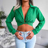 Knot Detail Collared Cropped Top Green Blouses - Tophatter Daily Deals