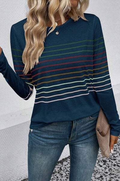 Striped Round Neck Long Sleeve T-Shirt Women's T-Shirts - Tophatter Daily Deals