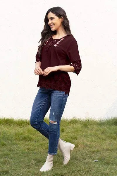 Tie Neck Lace Detail Half Sleeve Blouse Blouses - Tophatter Daily Deals