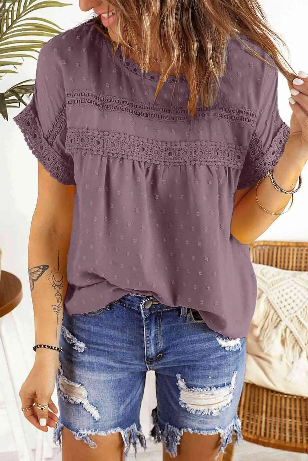 Swiss Dot Decorative Button Short Sleeve Blouse Dusty Purple Blouses - Tophatter Daily Deals