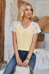 Eyelet V-Neck Lace Short Sleeve T-Shirt Women's T-Shirts - Tophatter Daily Deals