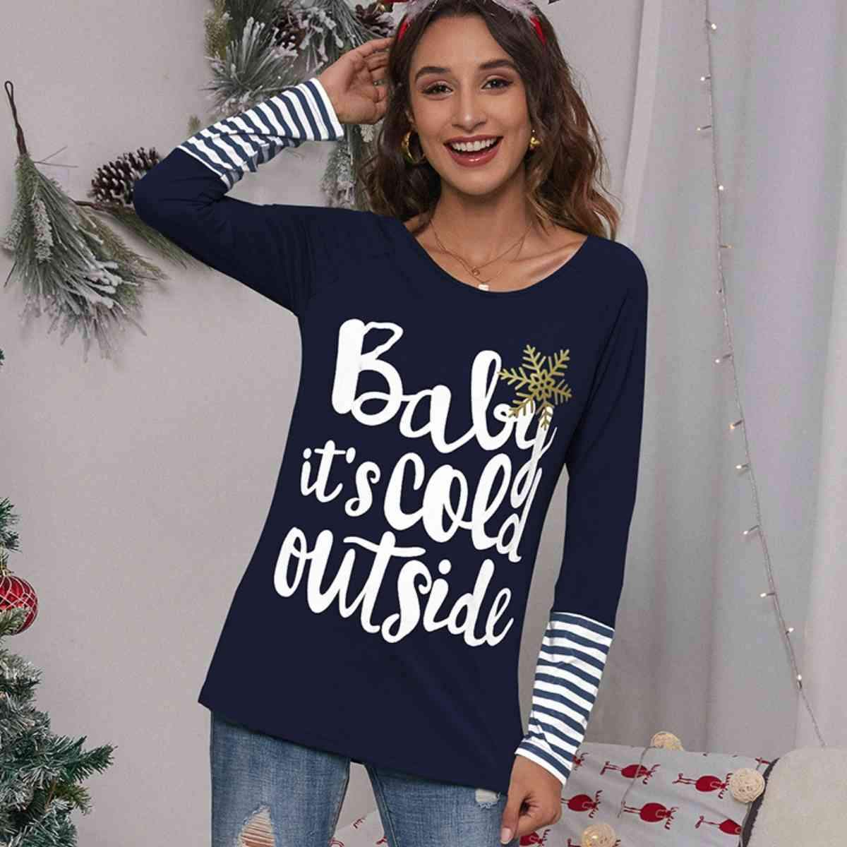 Slogan Graphic Striped Long Sleeve T-Shirt Navy Women's T-Shirts - Tophatter Daily Deals