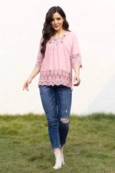 Tie Neck Lace Detail Half Sleeve Blouse Carnation Pink Blouses - Tophatter Daily Deals
