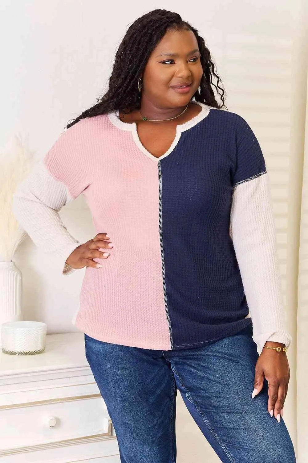 Heimish Full Size Solid Color Block Contrast Top Blouses - Tophatter Daily Deals