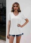 V-Neck Decorative Buttons Puff Sleeve Tee White Women's T-Shirts - Tophatter Daily Deals