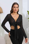 Tie Front Deep V Long Sleeve Crop Top Black Blouses - Tophatter Daily Deals