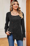 Decorative Button Square Neck T-Shirt Black Women's T-Shirts - Tophatter Daily Deals