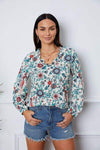 Floral Notched Long Sleeve Blouse Multicolor Blouses - Tophatter Daily Deals