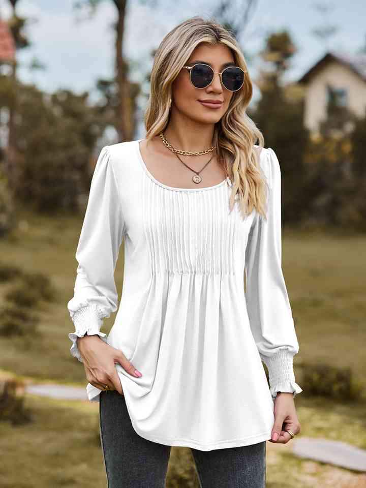 Puff Sleeve Pleated Blouse White Blouses - Tophatter Daily Deals