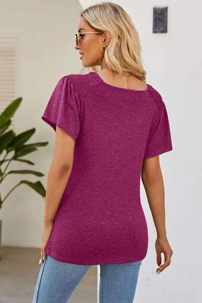 Smocked Round Neck Flutter Sleeve T-Shirt Women's T-Shirts - Tophatter Daily Deals