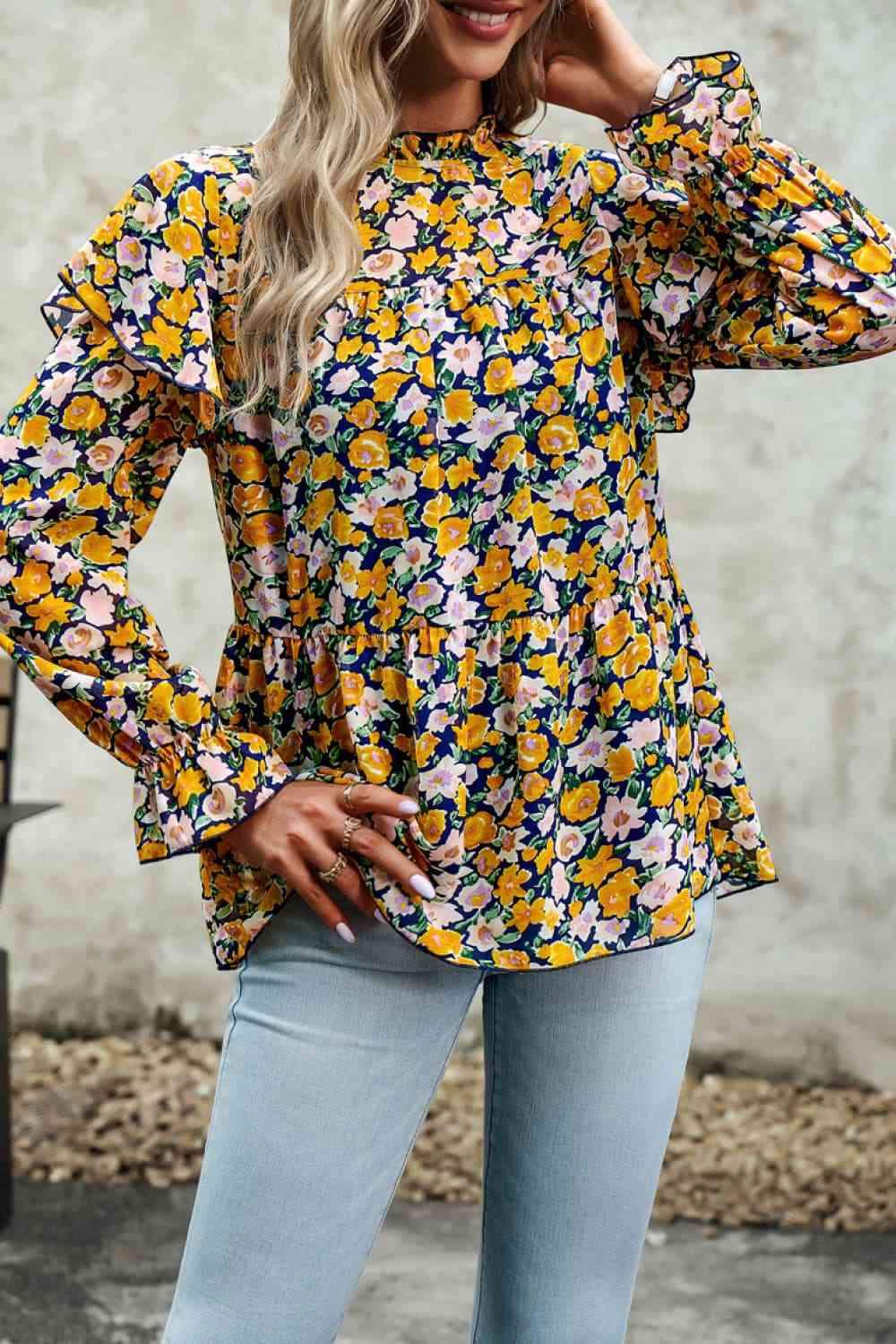 Printed Round Neck Flounce Sleeve Blouse Blouses - Tophatter Daily Deals