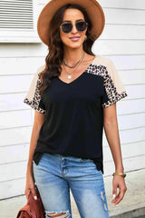 Leopard Sleeve Side Slit Tee-Shirt Black Women's T-Shirts - Tophatter Daily Deals