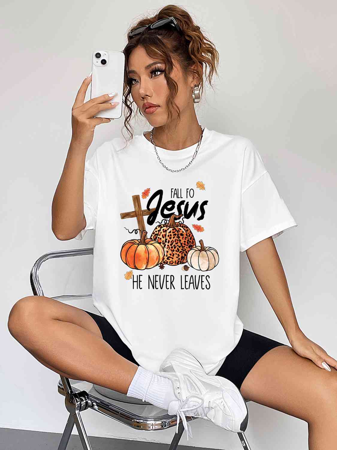 Round Neck Short Sleeve Fall Season Graphic T-Shirt Women's T-Shirts - Tophatter Daily Deals