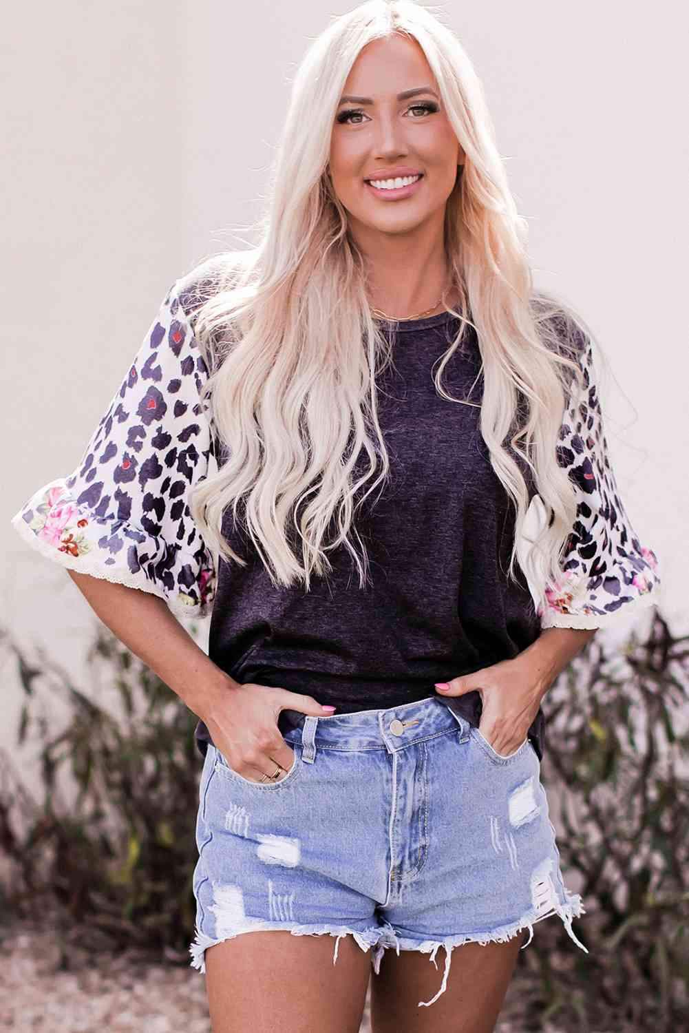 Leopard Flounce Sleeve Round Neck Top Black Blouses - Tophatter Daily Deals