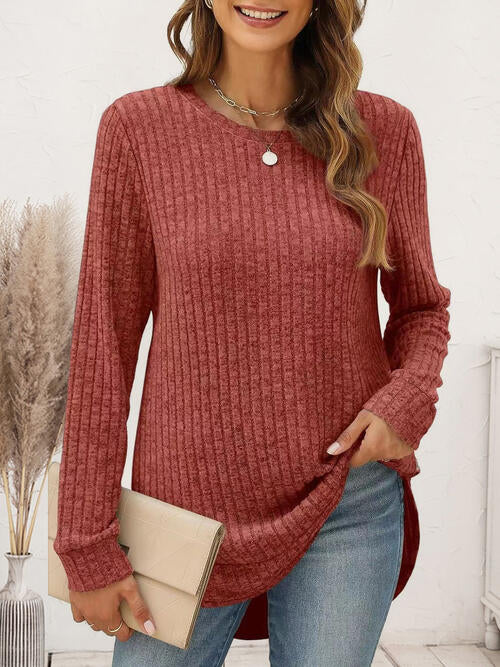 Ribbed Round Neck Long Sleeve T-Shirt Brick Red Women's T-Shirts - Tophatter Daily Deals