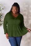 Double Take Half Button Long Sleeve Ruffle Hem Blouse Army Green Blouses - Tophatter Daily Deals