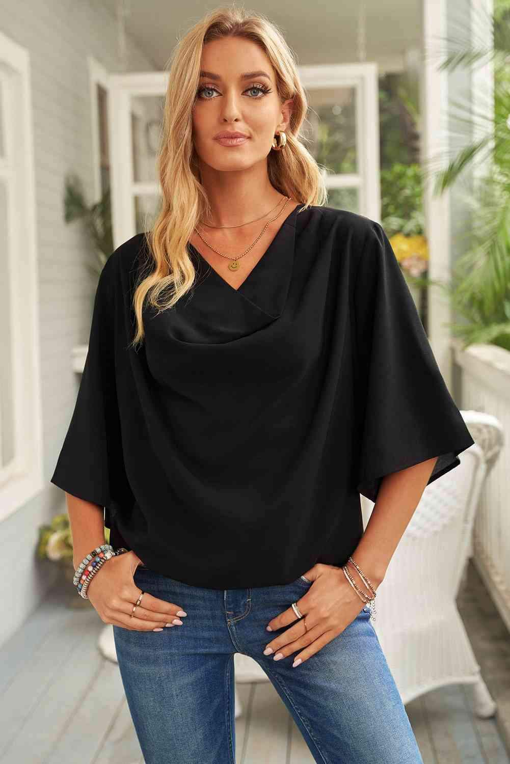 Cowl Neck Three-Quarter Sleeve Blouse Black Blouses - Tophatter Daily Deals