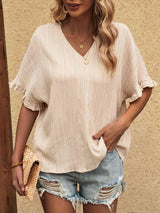 V-Neck Half Sleeve Blouse Light Apricot Blouses - Tophatter Daily Deals