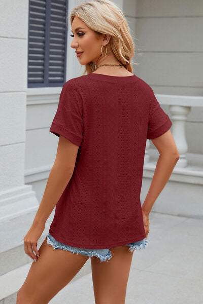 Eyelet V-Neck Short Sleeve T-Shirt Women's T-Shirts - Tophatter Daily Deals