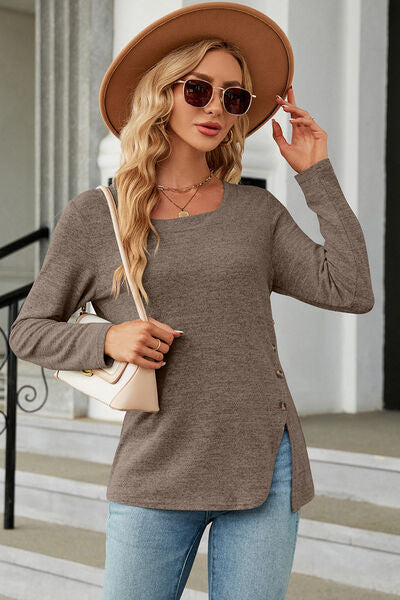 Slit Decorative Button Square Neck T-Shirt Women's T-Shirts - Tophatter Daily Deals