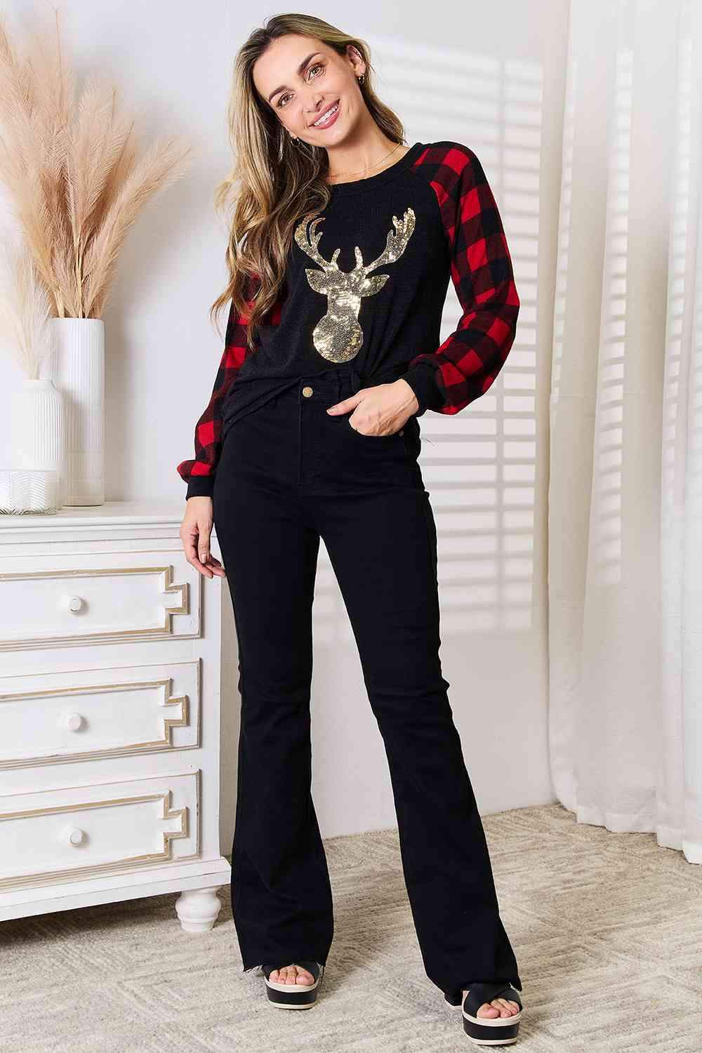 Heimish Full Size Sequin Reindeer Graphic Plaid Top Women's T-Shirts - Tophatter Daily Deals