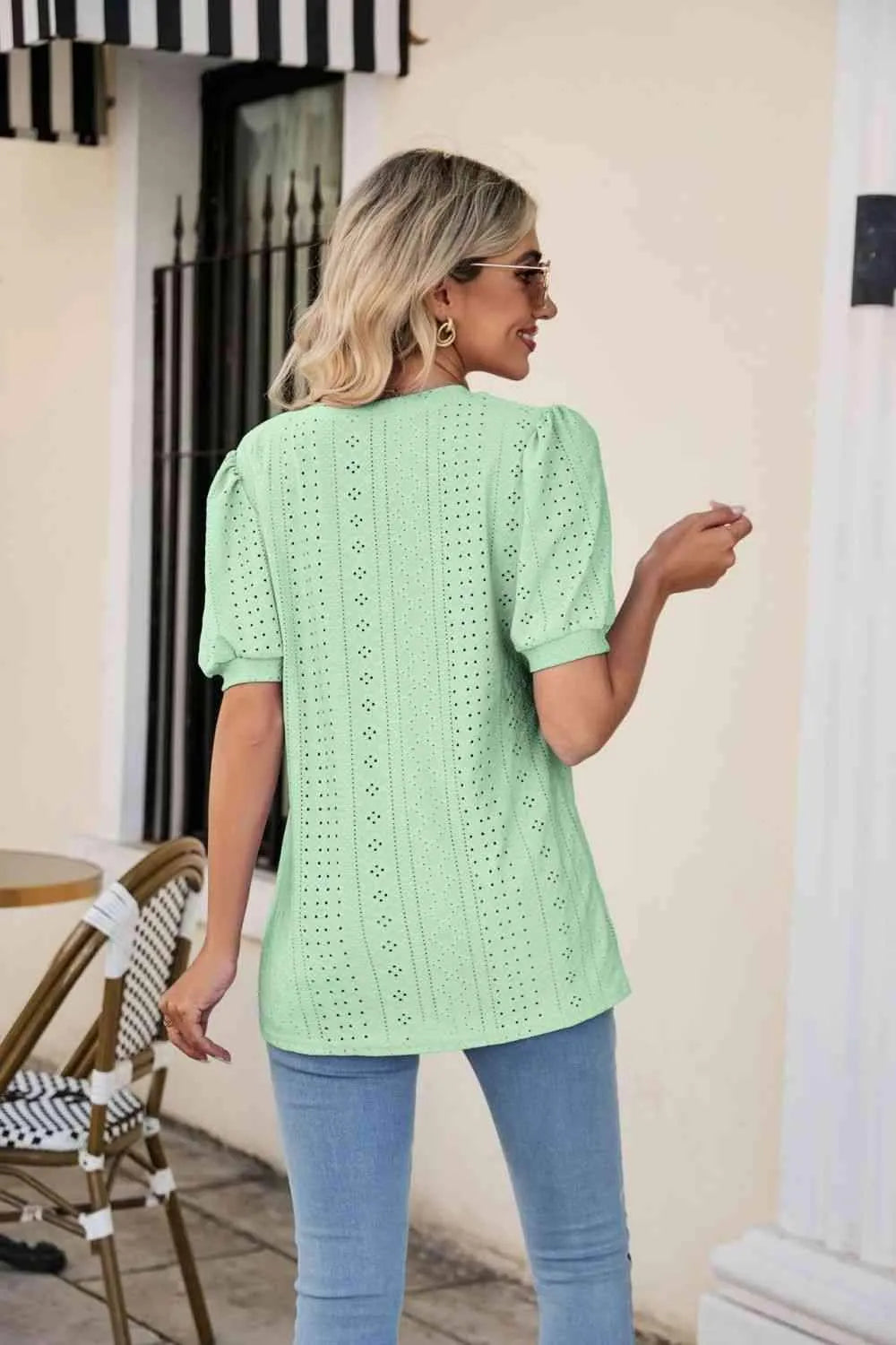 Eyelet Puff Sleeve V-Neck Top Blouses - Tophatter Daily Deals