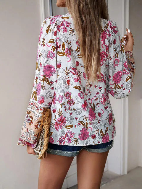 Floral Tie Neck Puff Sleeve Blouse Blouses - Tophatter Daily Deals